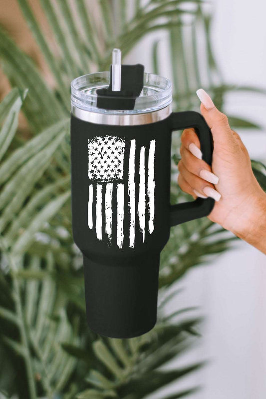 Black 40oz American Flag Print Stainless Steel Tumbler Mug with Handle - Lynn Etta's Boutique 