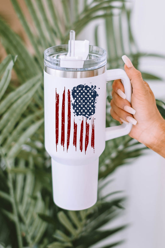White American Flag Print Stainless Steel Portable Tumbler Mug with Straw - Lynn Etta's Boutique 